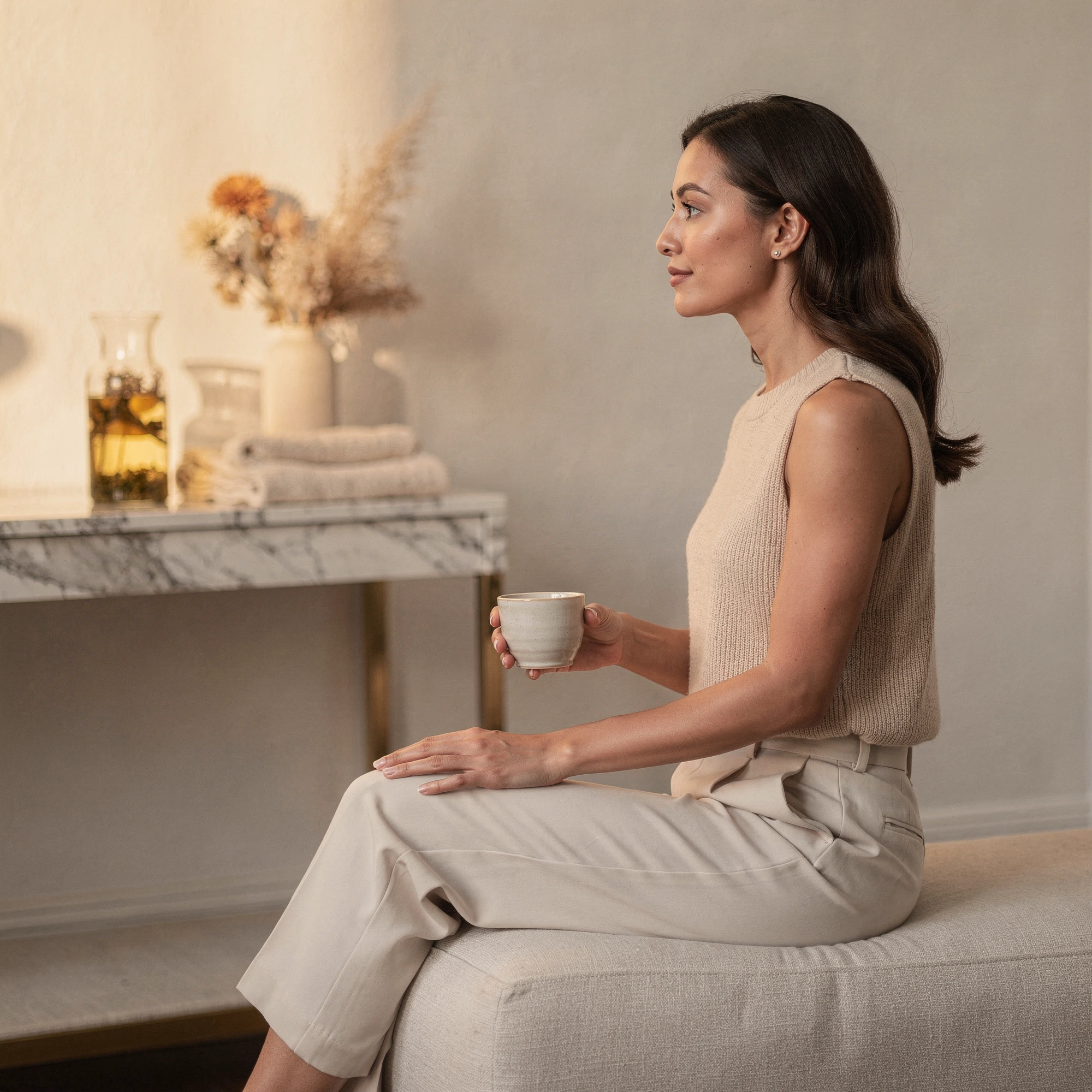 Woman sitting on a couch holding a mug in a peaceful home setting